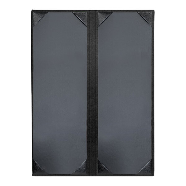 A customizable rectangular menu cover with a black border and corners and a black stripe on a grey background.