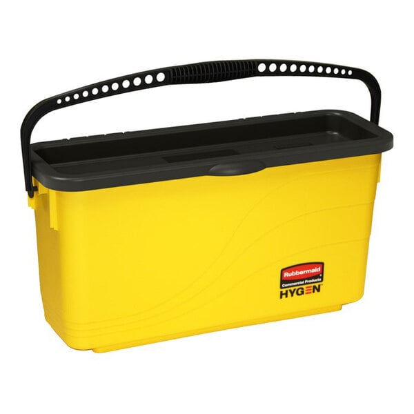A yellow Rubbermaid HYGEN microfiber charging bucket with a black lid and handle, designed for 18-inch mop pads.