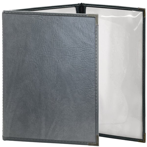 A black menu cover with two clear plastic pockets and a white cover.