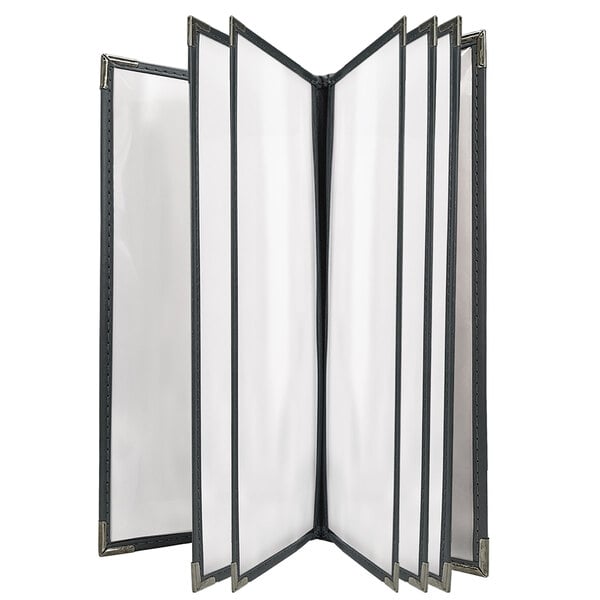 A black Seville menu cover with 12 view panels.