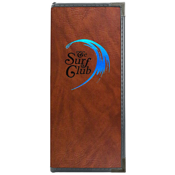 A brown leather rectangular menu cover with a blue logo.
