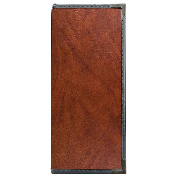 A brown leather rectangular menu cover with white stitching.