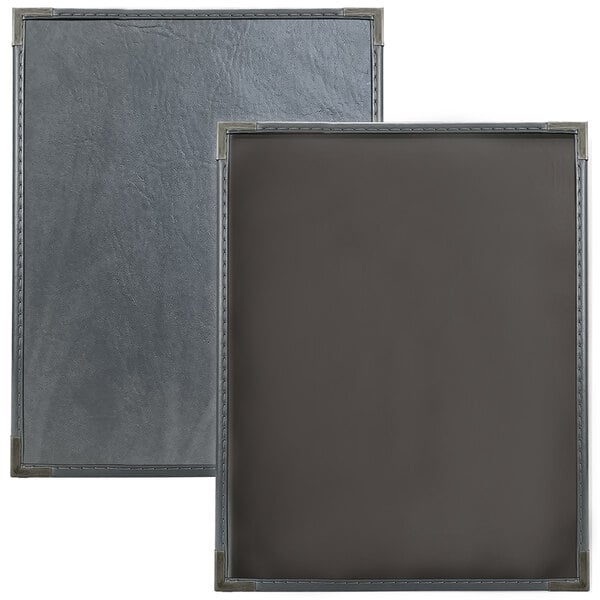 A black leather H. Risch, Inc. Seville menu cover with grey trim.