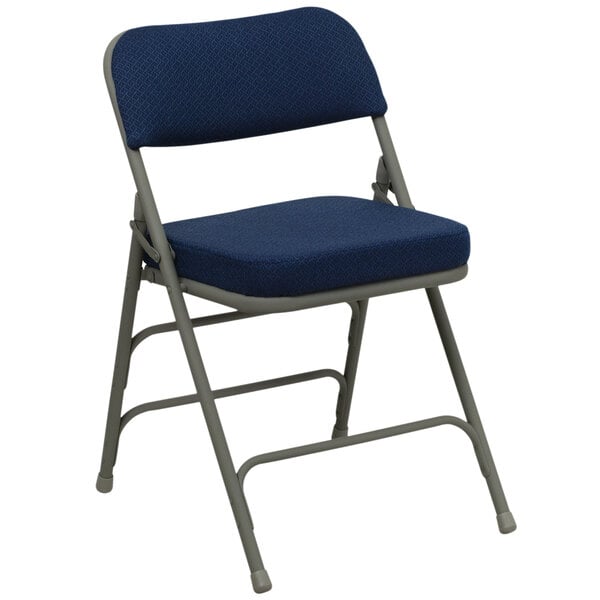 a blue folding chair with a blue cushion