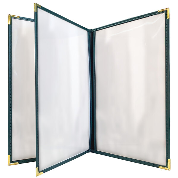 A white rectangular menu cover with a blue frame and four open views.