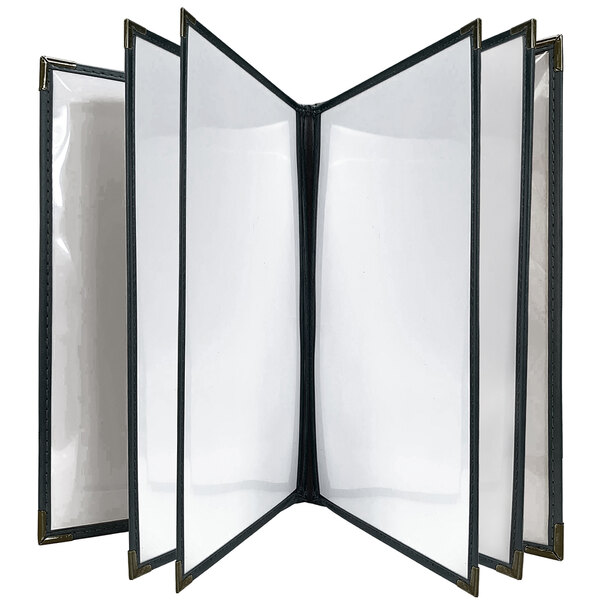 A white rectangular menu cover with black edges and four open pages.