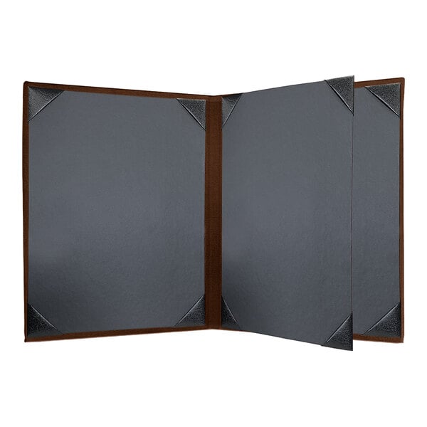 A black menu cover with brown edges.