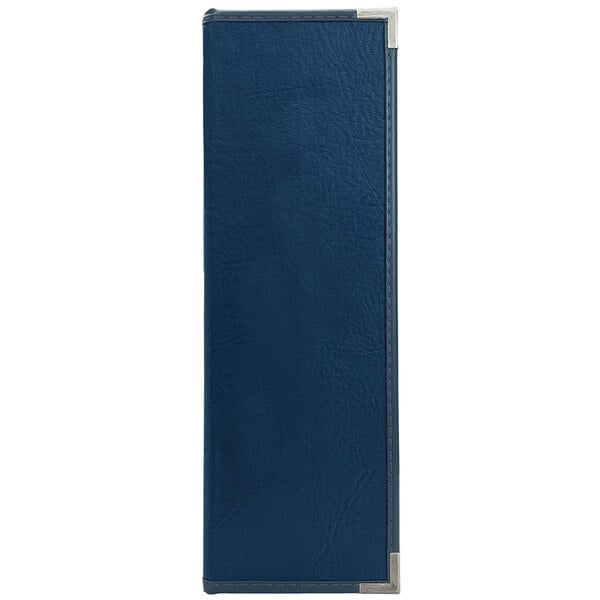 A blue leather menu cover with silver corners.