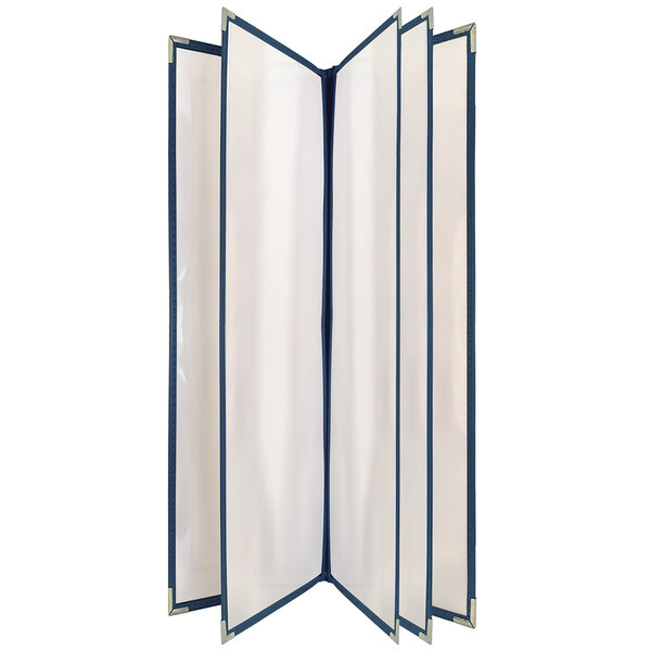 A white rectangular menu cover with blue trim and 8 views.