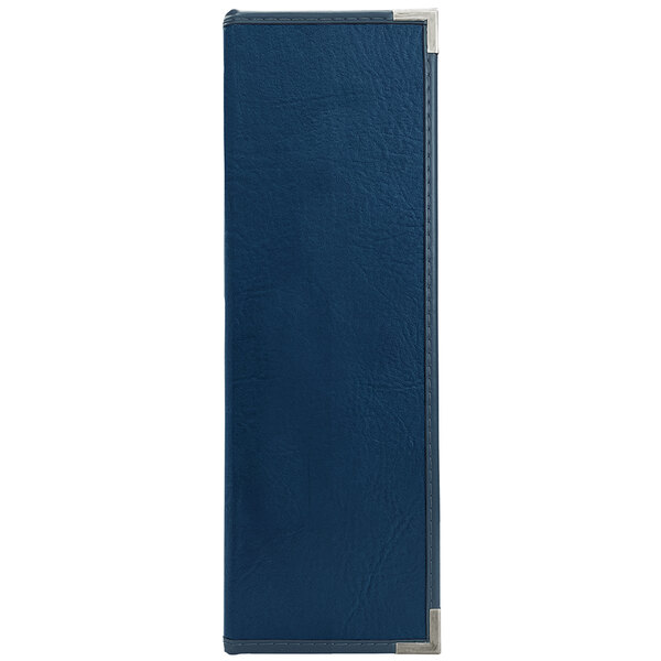 A blue leather book cover with silver corners for H. Risch, Inc. Seville menu cover.