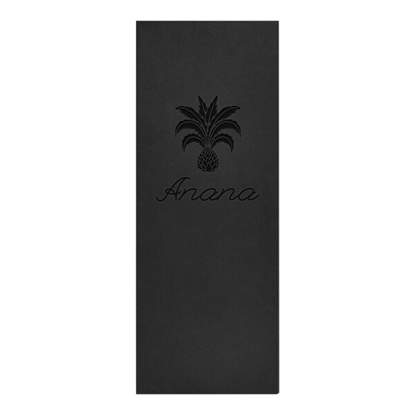 A black rectangular menu cover with a pineapple design and a black and grey logo.