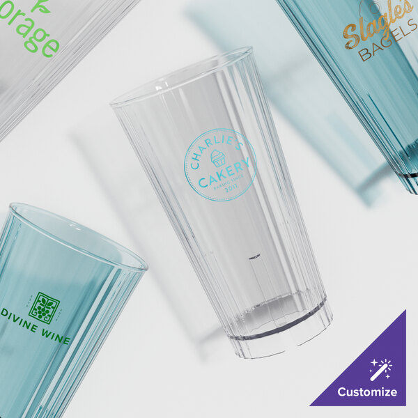 A group of Cambro custom printed polycarbonate tumblers.