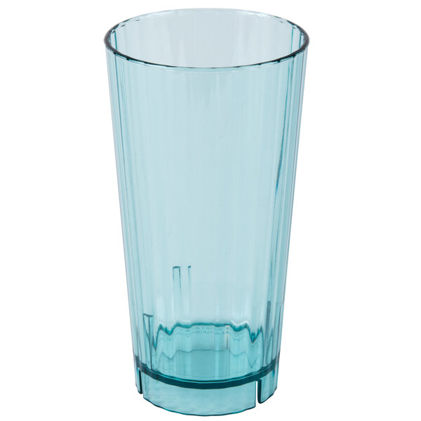 An azure blue Cambro plastic tumbler with a clear bottom.