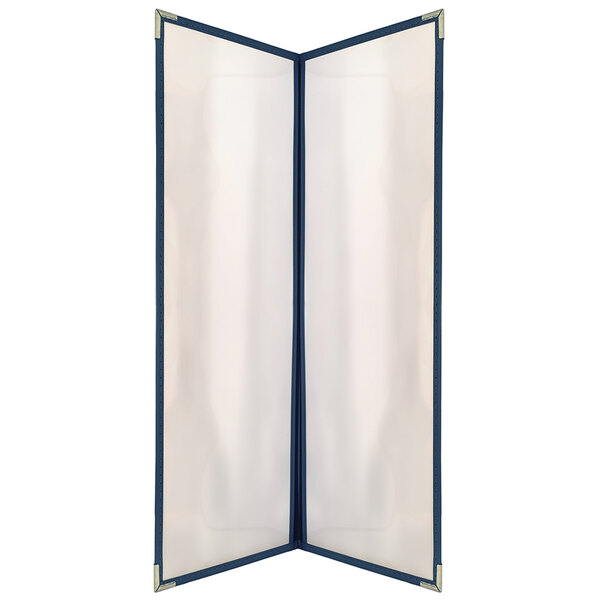 A white menu cover with blue trim and black lines.