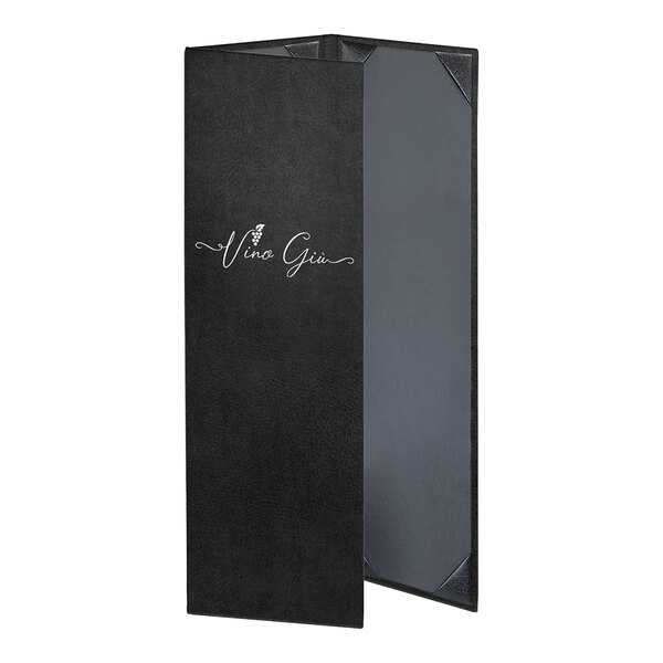 A black menu cover with a silver logo on it.