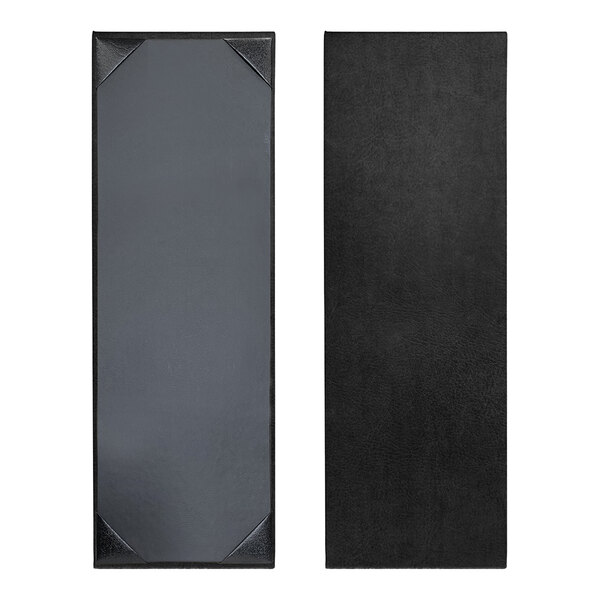 A black rectangular menu cover with a grey border.