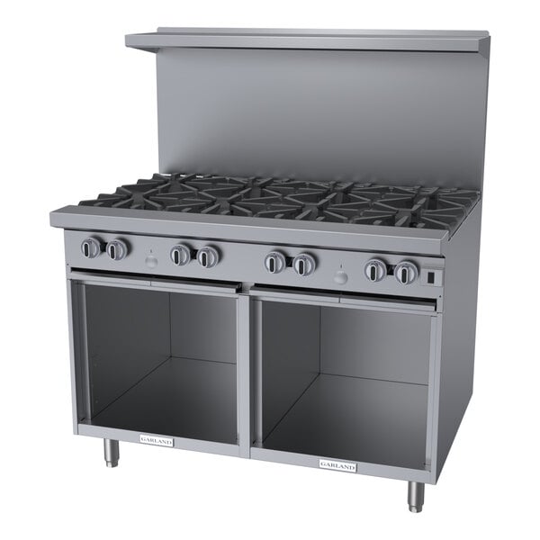 A commercial stainless steel 8-burner gas range with two open storage bases.