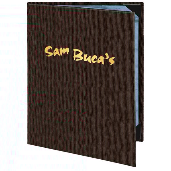 A brown Menu Solutions Slim Line menu cover with yellow writing on it.