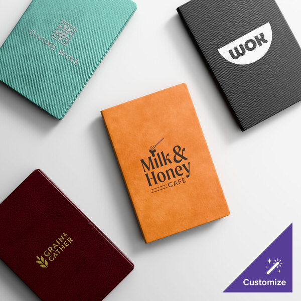 A selection of customizable slim line menu covers in various colors and textures, each featuring different restaurant logos.