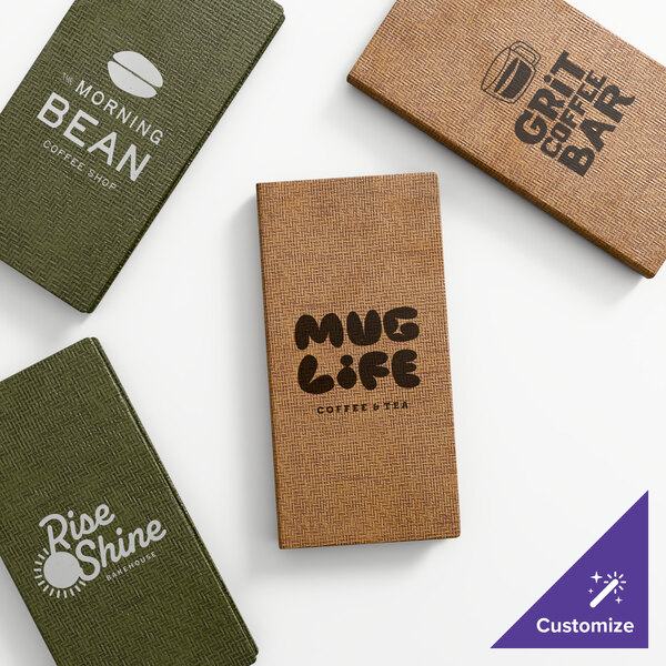 A set of customizable quad panel wicker booklet menu covers in green and brown colors, each featuring different coffee shop logos.