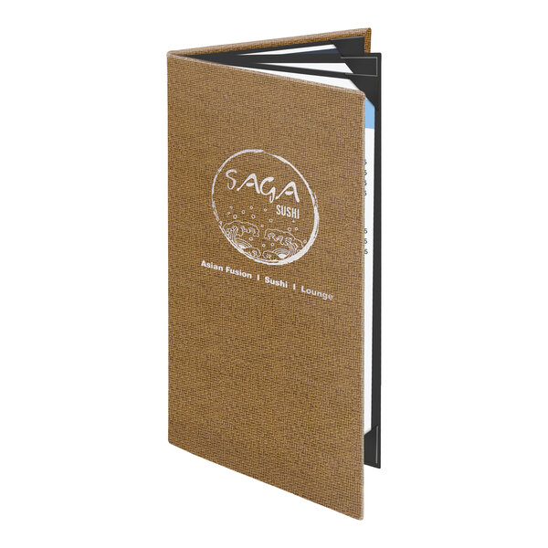 Menu Solutions WK160B Water Street Wicker 5 1/2" x 11" Customizable Quad Panel 6 View Booklet Menu Cover