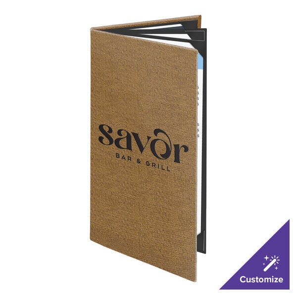 Menu Solutions WK160B Water Street Wicker 5 1/2" x 11" Customizable Quad Panel 6 View Booklet Menu Cover