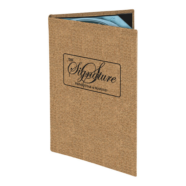 A tan wicker-patterned customizable menu cover with two views, designed to hold 5 1/2" x 8 1/2" menus.