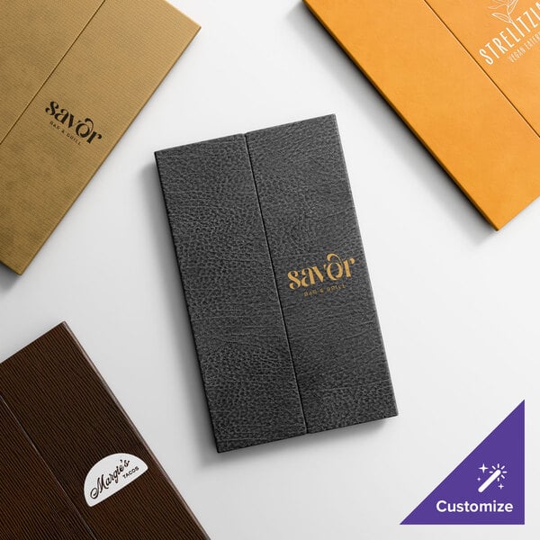 A customizable gatefold style menu cover with a textured finish, designed to hold three views.