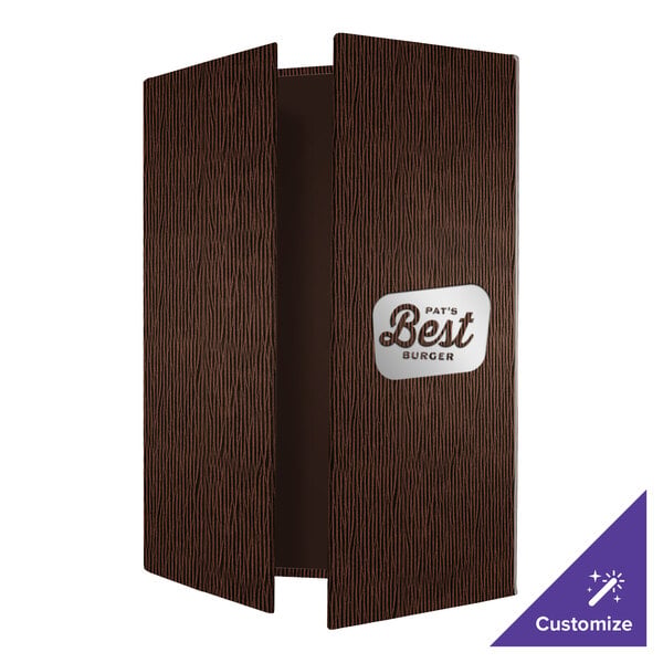 A brown, textured, gatefold-style menu cover with a customizable label on the front displaying 'Pat's Best Burger.'