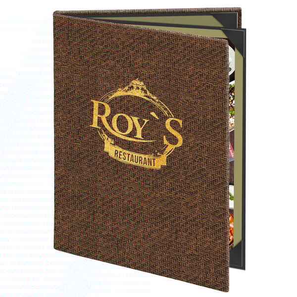 A brown Menu Solutions Water Street Wicker menu cover with Roy's Restaurant logo on it.