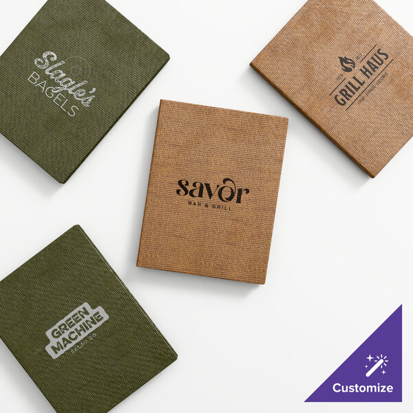 A set of customizable triple panel menu covers in green and brown colors, each featuring different restaurant logos on the front.