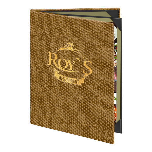 A brown textured triple panel menu cover with 'Roy's Restaurant' printed on the front.