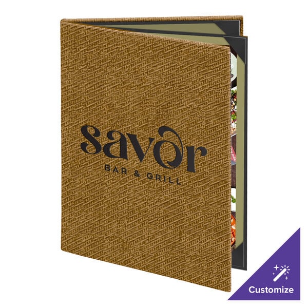 Menu Solutions WK140C Water Street Wicker 8 1/2" x 11" Customizable Triple Panel 4 View Booklet Menu Cover