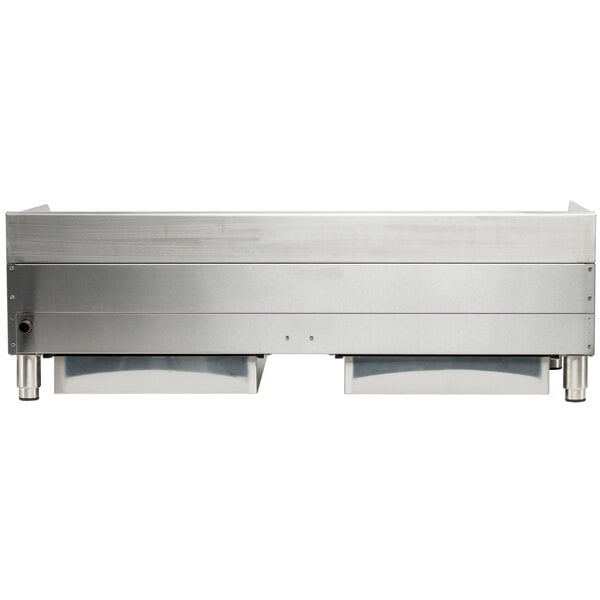 A stainless steel Globe gas charbroiler with stainless steel radiants over a metal box with two drawers.