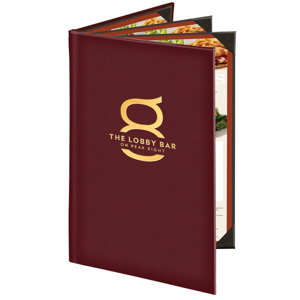 A red Menu Solutions Kensington quad panel menu cover with gold logo.