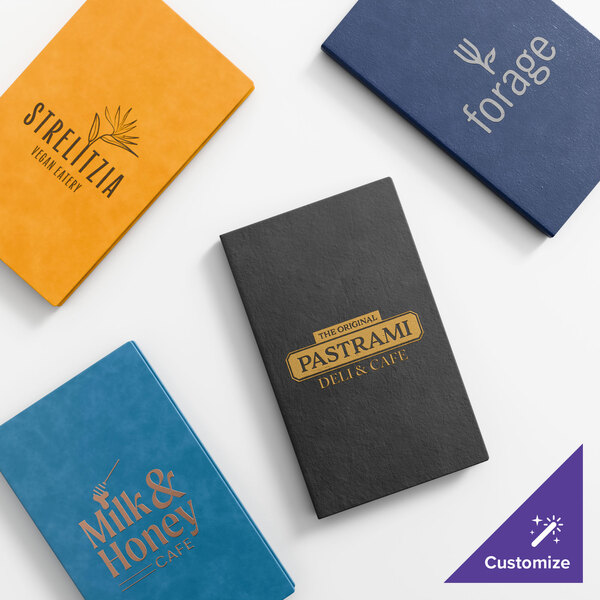 A set of four customizable quad panel booklet menu covers in various colors, each featuring different restaurant logos.