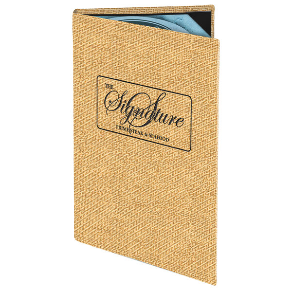 A Menu Solutions Water Street wicker 2 view menu cover with a white background.
