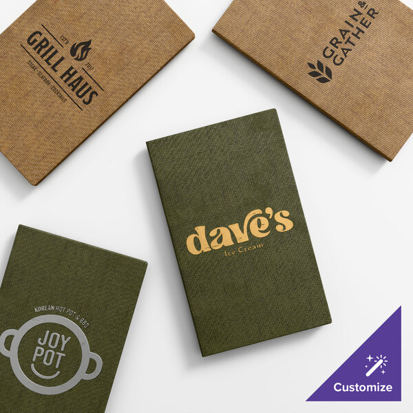A set of customizable wicker-textured menu covers in green and brown colors, each featuring different restaurant logos.
