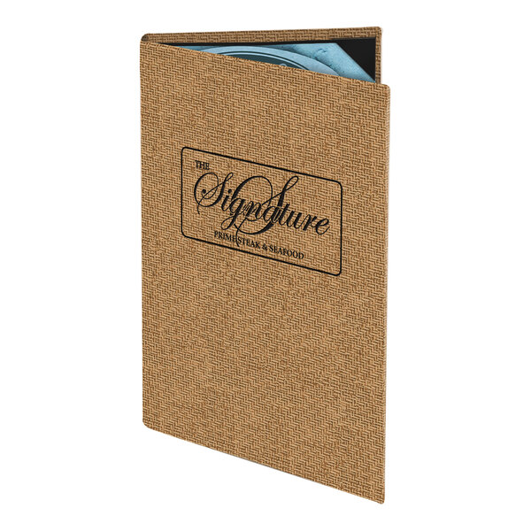 A tan wicker-patterned customizable menu cover designed to hold 8 1/2" x 14" menus.
