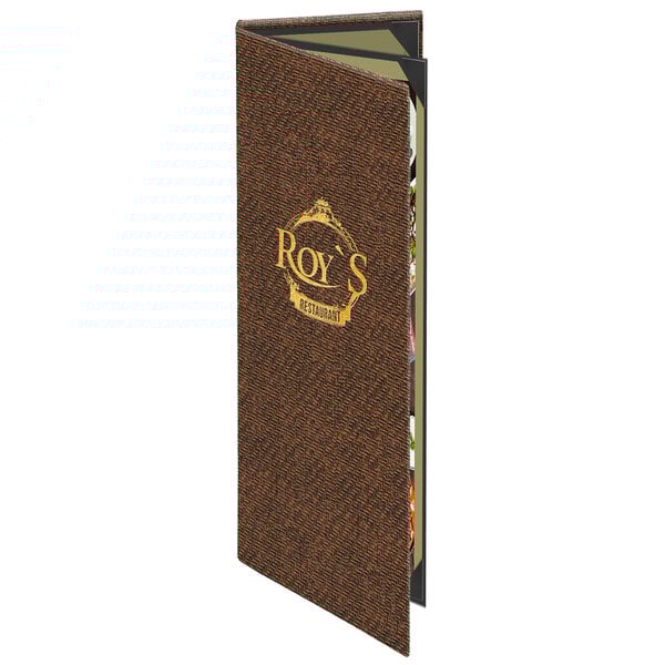 A brown Menu Solutions triple panel menu cover with white background and gold text.