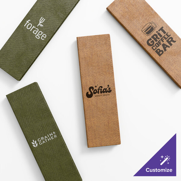 A set of customizable triple panel booklet menu covers in green and brown colors, each featuring different business logos.