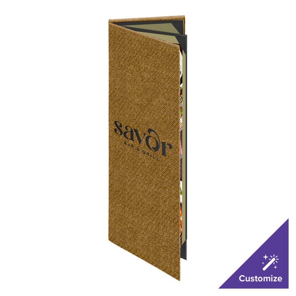 Menu Solutions WK140BD Water Street Wicker 4 1/4" x 14" Customizable Triple Panel 4 View Booklet Menu Cover
