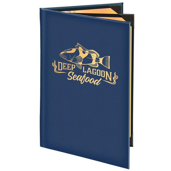 A white Menu Solutions triple panel menu cover with deep lagoon blue and gold custom text and a fish on it.