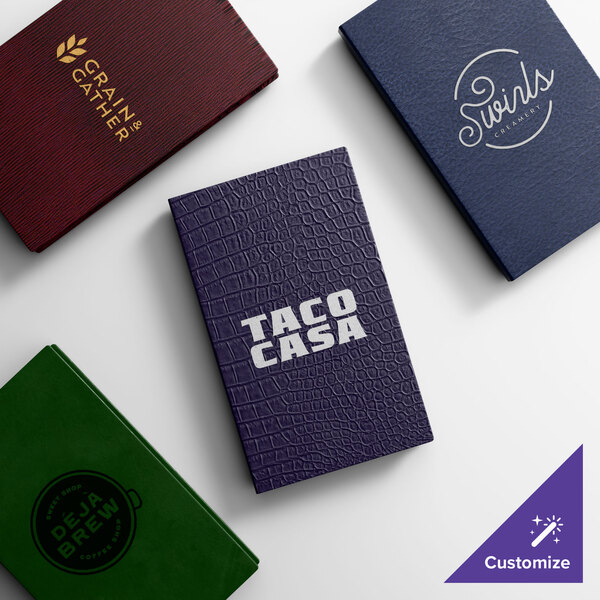 A selection of customizable quad panel booklet menu covers in various colors and textures, each featuring different business logos on the front.