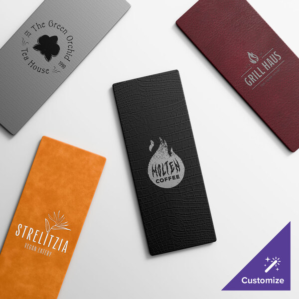 A selection of four customizable slim line menu covers in various colors and textures, each featuring different restaurant logos.