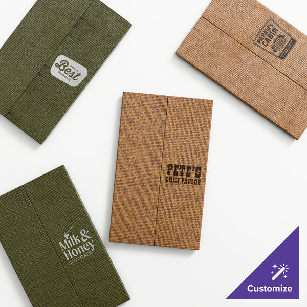 A set of customizable gatefold style menu covers in green and brown wicker textures, each featuring different restaurant logos.