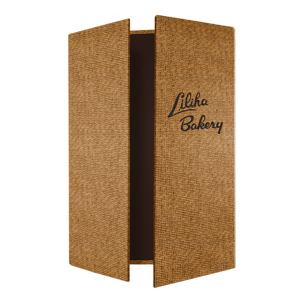 A customizable gatefold style menu cover with a wicker pattern and 'Lilka Bakery' text on the front.