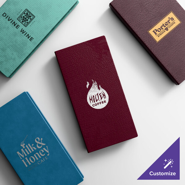 A selection of customizable slim line quad panel menu covers in various colors and textures.