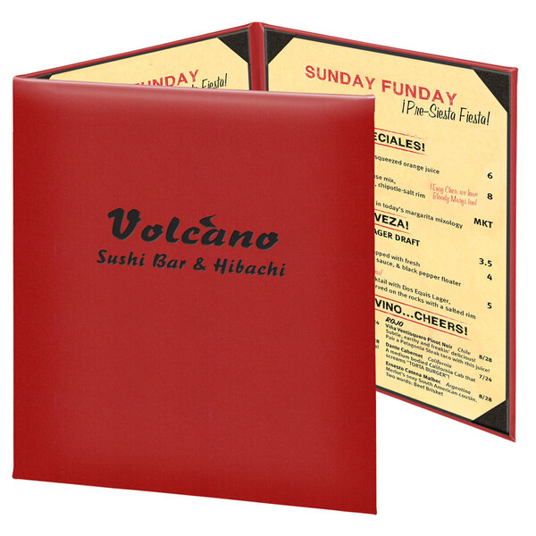 A red Menu Solutions Kensington continuous menu cover with black text on it.