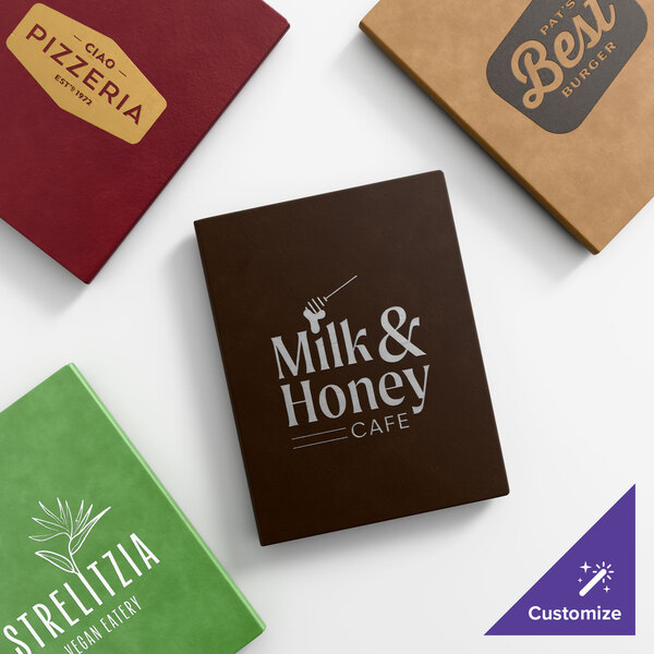 A customizable 8 1/2" x 11" three-view menu cover available in various colors and designs.